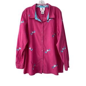 Quacker Factory Pink Corduroy Winter Shirt‎ Size XL Embellished Mittens Holiday